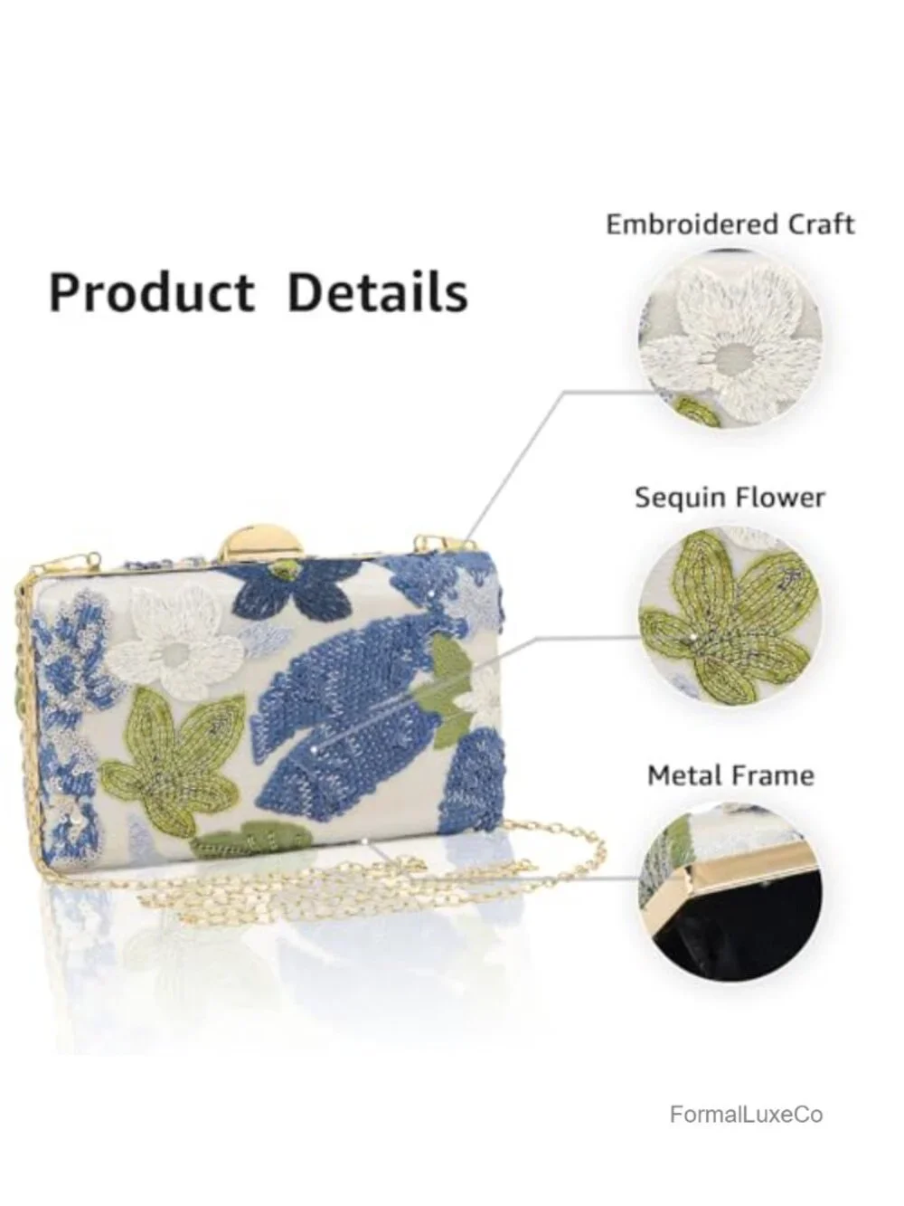 Embroidered Floral Sequin Evening Clutch with Detachable Chain Shoulder Bag